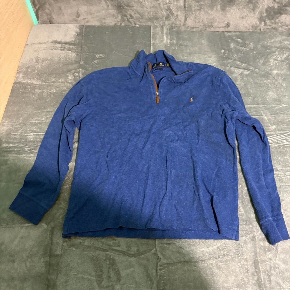 Polo Ralph Lauren Sweater Mens Large estate Rib Blue 1/4 Zip Preppy  Flesh Pony